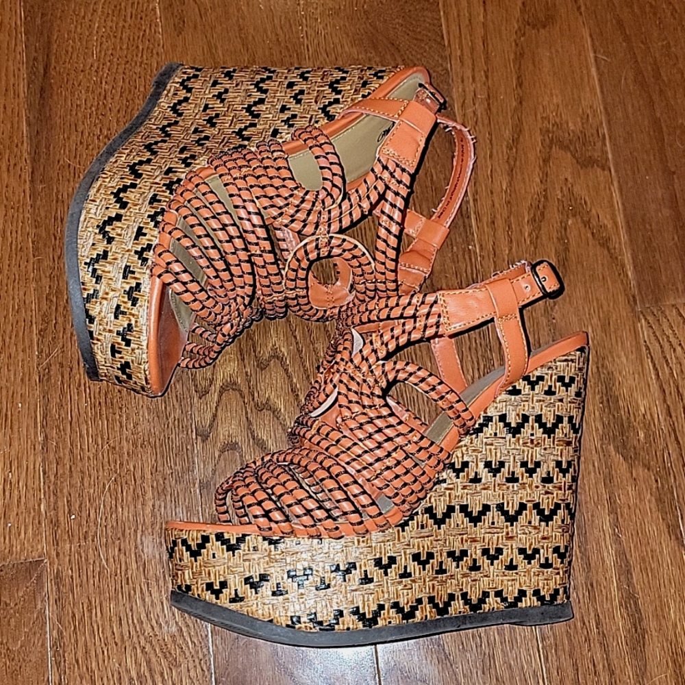 🧡 Mossimo Orange Strappy Platform Wedge Sandals, Women's Size 7.5